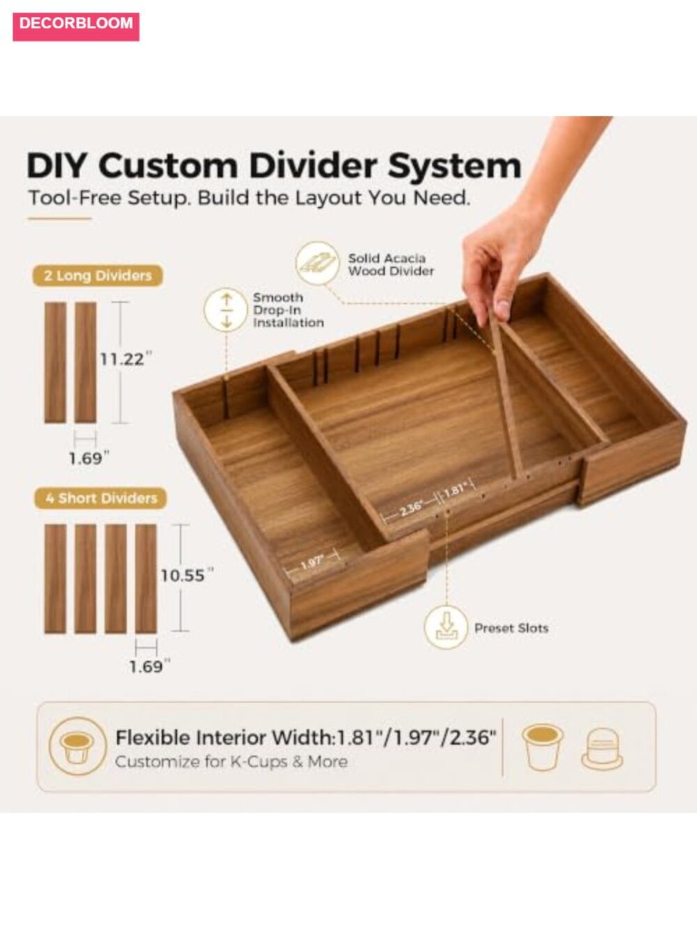 Expandable Acacia Wood Coffee Pod Drawer Organizer Adjustable Dividers - Picture 2 of 6